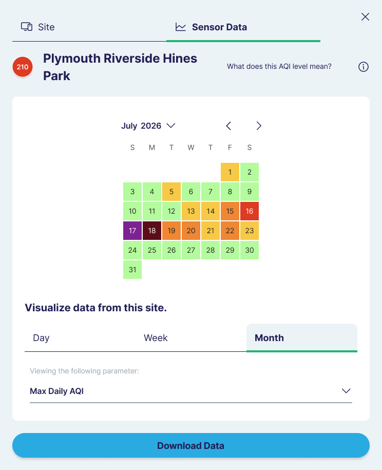 A month of air quality as a calendar, each day colored by its index.